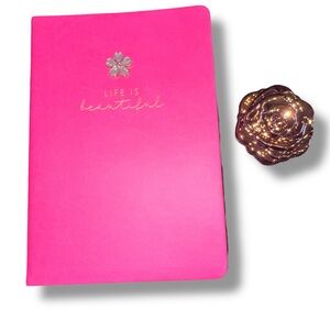 “Life is Beautiful” Pink Notebook with flower compact mirror